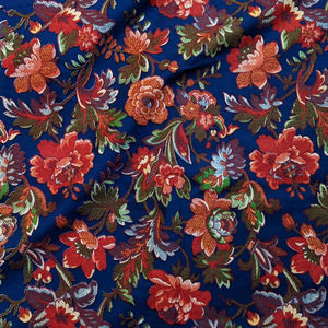 Vintage Large Scale Baroque Floral Print Fabric, 44" by 3 Yds, Blue Red Romantic
